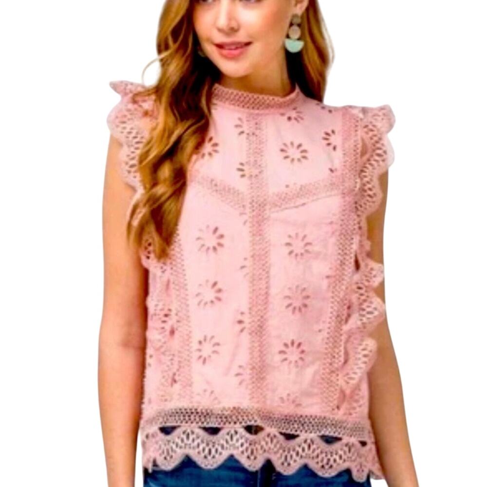 Entro Pink Crochet Lace Eyelet Romantic Coquette Top Size Medium